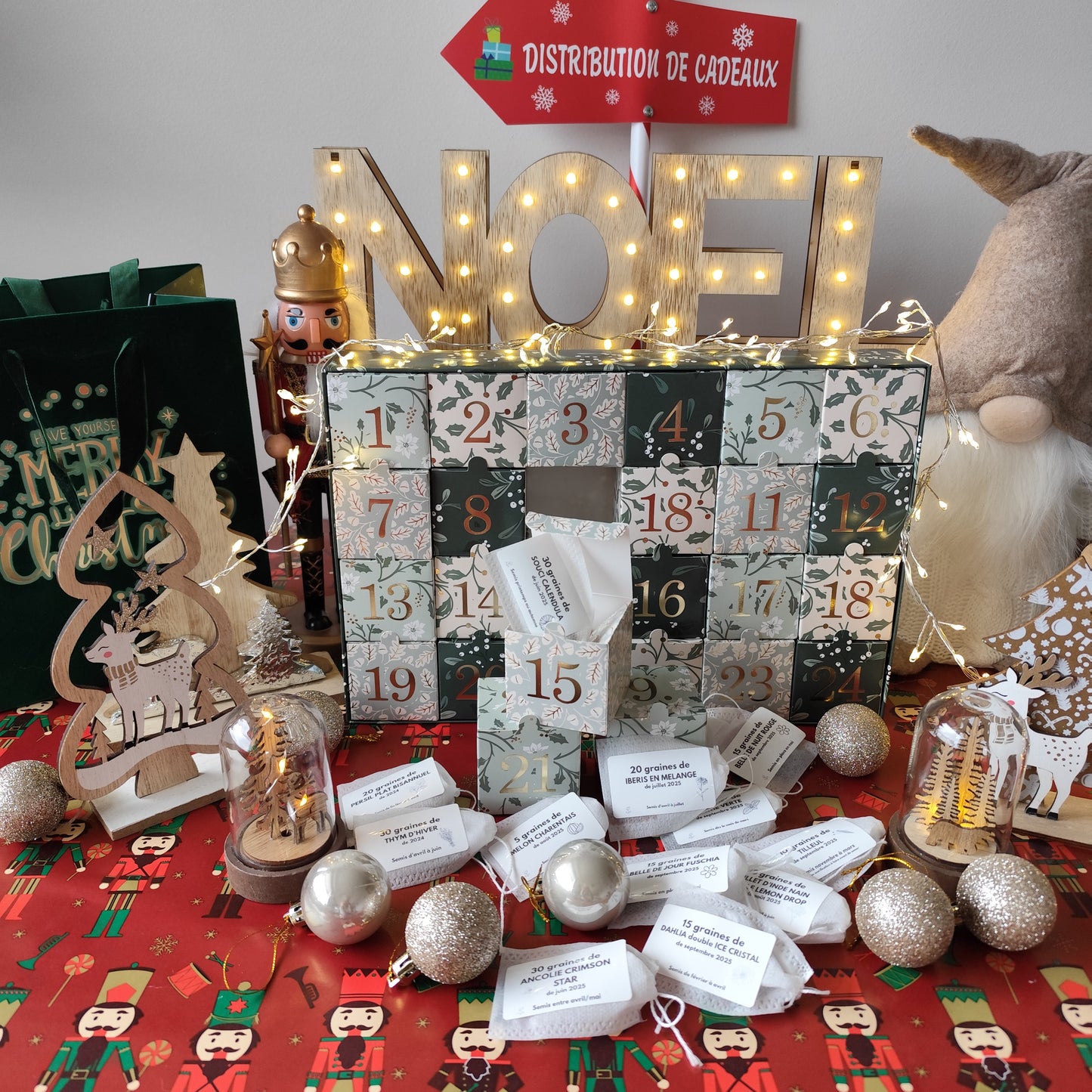 Calendrier de l’avent pour amoureux du jardin 24 variétés de graines de légumes, fleurs et aromatiques à semer.