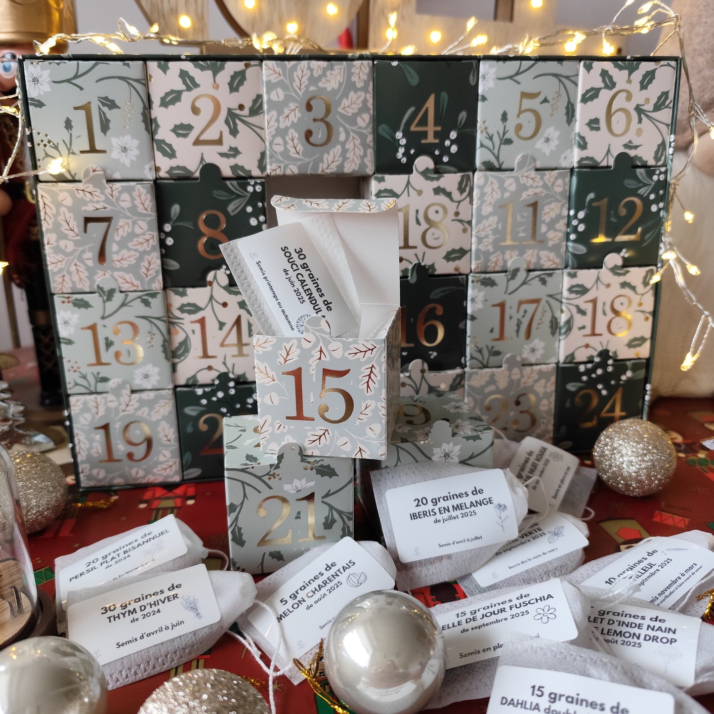 Calendrier de l’avent pour amoureux du jardin 24 variétés de graines de légumes, fleurs et aromatiques à semer.